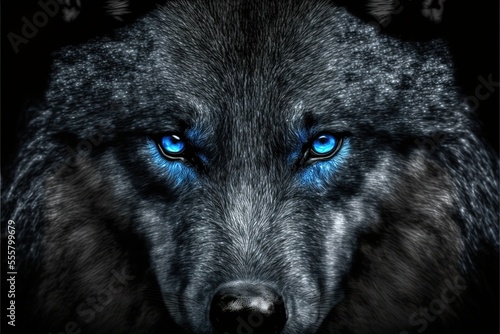 Black wolf with blue eyes, beautiful wild animal