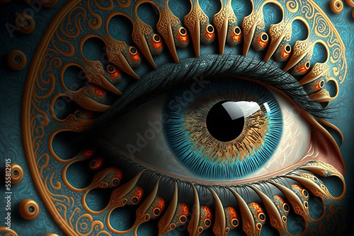 intricately detailed fractal of human eyes. Generative AI