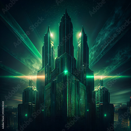 An emerald city with skyscrapers at night created with generative ai technology