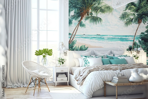 Interior of white tropical bedroom, coastal design. Generative AI