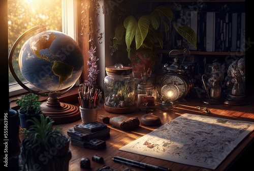 illustration of beautiful archeologist working table with earth globe, map, pen and fancy things