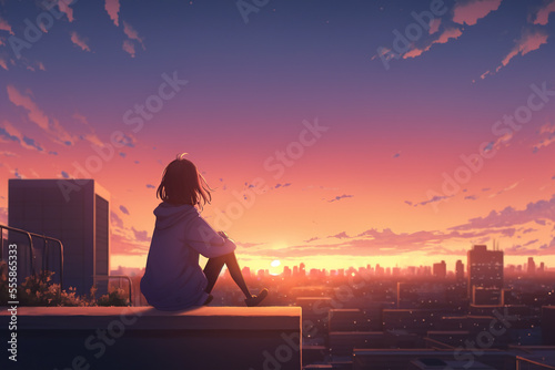 Girl sitting on rooftop watching beautiful sunset over city. Anime style wallpaper. AI