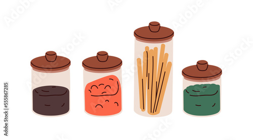 Glass storage containers with dry food products. Transparent kitchen jars covered with wood lid for spaghetti pasta, cereal, snacks, legumes. Flat vector illustrations isolated on white background
