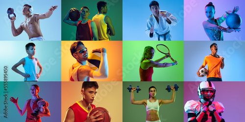 Collage made of portraits of diverse professional atheletes of different age doing various sports isolated over mulricolored background in neon.