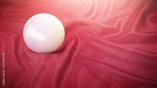 Pearl on silk. White pearl on red silk. 3d rendering.