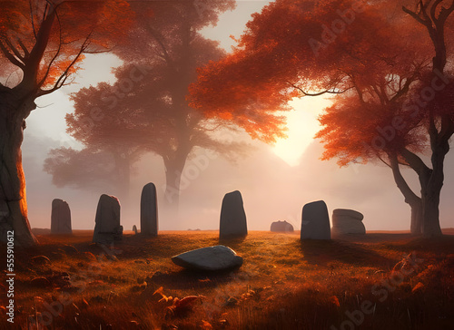 Painting of the sun rising over an ancient stone circle during the autumn equinox with seasonal grass and forest trees. generative ai illustration