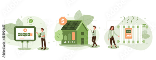 Sustainability vector set. Characters monitoring private electricity and central heating meter and calculating household utility bill. Home energy efficiency audit concept. consumption Costs increase