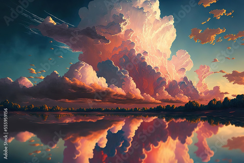 Beautiful summer clouds, fantasy landscape, art illustration