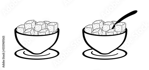 Cartoon, hand draw sugar cubes, spoon and cup. Vector sugar cube icon or symbol. Line pattern. Pile of sugar free cubes. World diabetes day. Pure, white crystal block. Diabetic problem. 