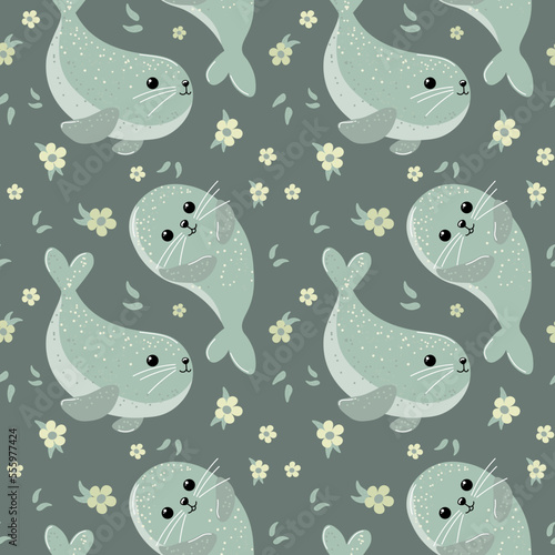 Seamless pattern, cute fur seals and flowers on a green background, marine animals. Print for kids, textiles, kids bedroom decor, wallpaper
