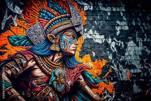 Aztec graffiti on a brick wall