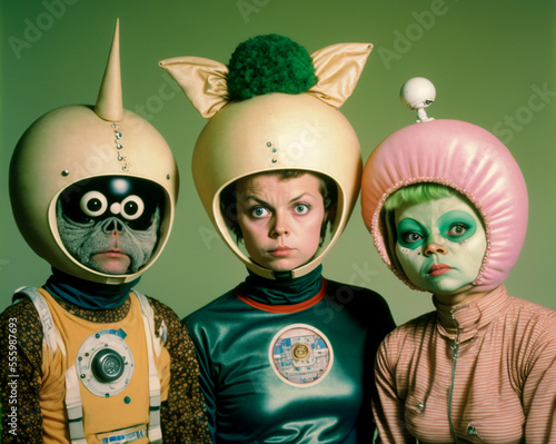 Group of television in costume while at studio filming science fiction show. The sci-fi actors could also be on a movie set for space film. Created with generative AI. 