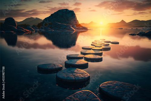 Stepping stones in water leading towards a beautiful sunset. 