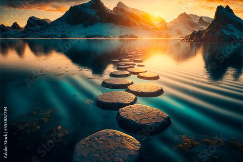 Stepping stones on calm lake water leading into a beautiful sunset over scenic mountains. Created with generative AI. 