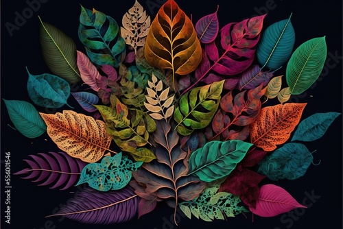 a painting of a bunch of leaves on a black background with a black background and a black background with a black border.