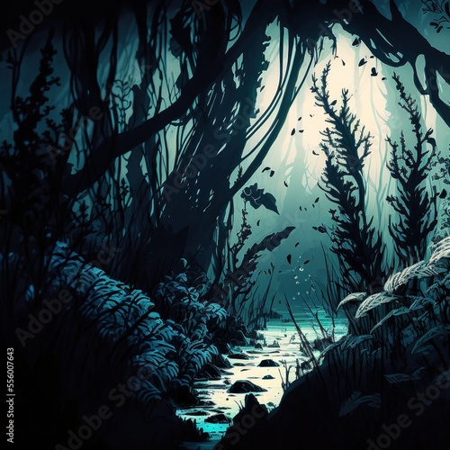 A spooky underwater kelp forest focusing on a pen and wash style contrast with a 80's aesthetic.