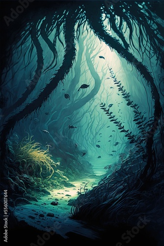 A spooky underwater kelp forest focusing on a pen and wash style contrast with a 80's aesthetic.