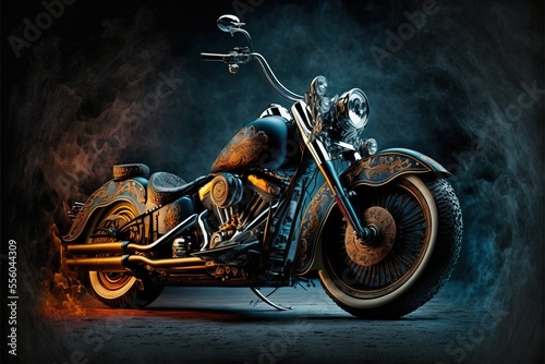  a motorcycle with a skeleton on the back of it is shown in a dark room with smoke and a black background. Generative AI
