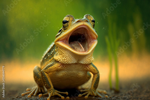 Funny frog with open mouth, as if it is croaking, speaking or singing. Comedy Wildlife background. Digital artwork