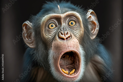 Chimpanzee expresses emotions Funny monkey with an open mouth. Comedy Wildlife background. Digital artwork