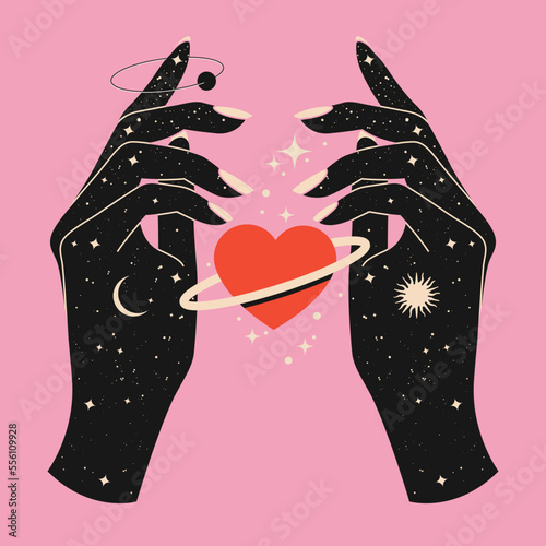 Mystical celestial woman hands with starry space texture and red heart between them as metaphor of love or hope. Spiritual mystical concept for poster or t-shirt. Esoteric magic. Vector illustration