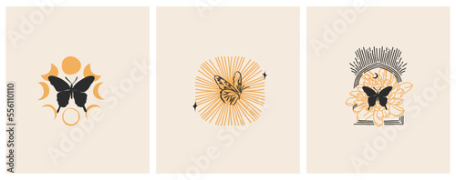Hand drawn vector abstract graphic illustrations celestial design concept with logo magic line silhouette set of mystic flying butterfly,moth,sun and moon phase isolated. Magic drawing butterfly icon.