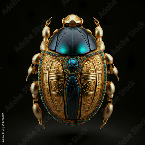 Egyptian gold and blue scarab on a black background