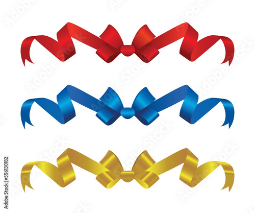 Red, blue, gold ribbon and a big bow isolated on white background, vector illustration