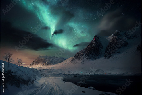 fictional image of aurora borealis, inscribing green aurora borealis, snowy mountains, mystical mountains, generative ai