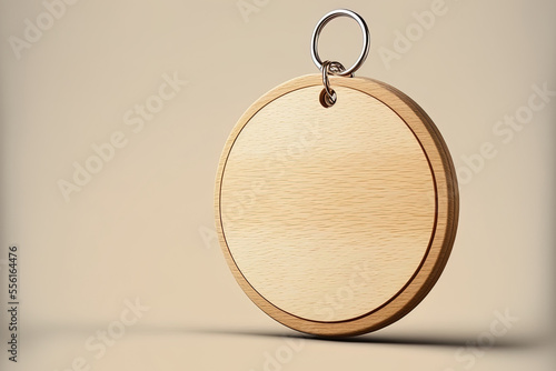 Mockup of a blank wooden circular tag on a chain, from the side. Unfilled mock up of a wooden keychain or trinket holder in the shape of a circle. Clear breloque keyholder template for household use