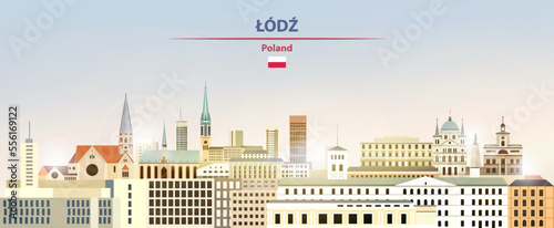 Lodz cityscape on sunrise sky background with bright sunshine. Vector illustration
