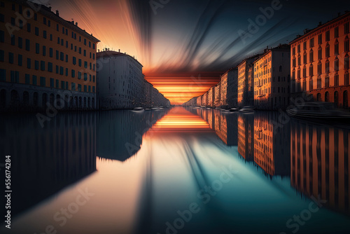 Stunning sunrise colored long exposure of the Canal Grande in Trieste, Italy. Generative AI