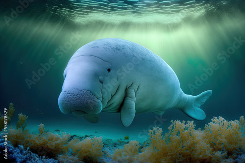 Near the ocean's surface, a calm dugong. cute marine creature unusual marine mammal (Dugong dugon). Generative AI