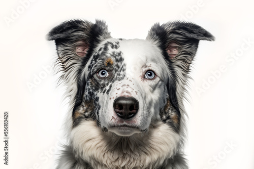 Cute blue merle border collie dog on white background, generative ai 