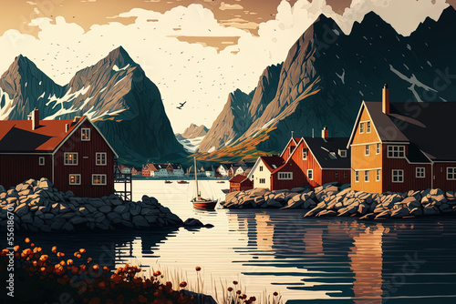 Backdrop of lofoten scenery in Norway. Illustration of a bay with houses. perfect for art prints, posters, and postcards. Generative AI