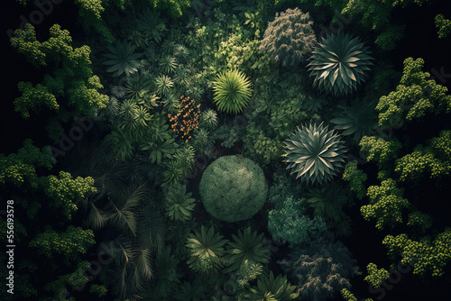 overhead picture of a lush, natural woodland. idea of the environment. Generative AI