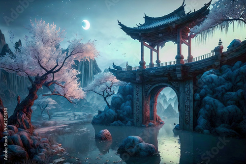 Fantasy background with mysterious ancient Chinese temple in mountains. Digital artwork