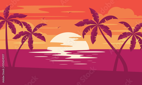 Sunset tropical beach with palm trees and sea. Nature landscape and seascape. 