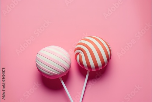 Two Sweet Candy Lollipops On Pink Bacground Generative AI