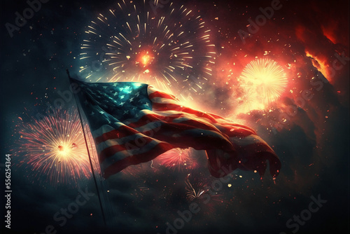 Happy 4th of July with the United States flag. Fireworks. Generative AI.