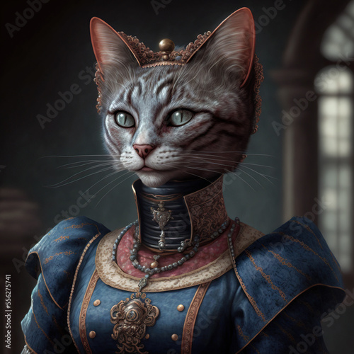 Portrait, Anthropomorphe Katze als Baronin, Generative AI 