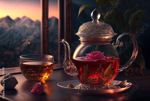 illustration of rose and herbal tea with nature landscape background, 