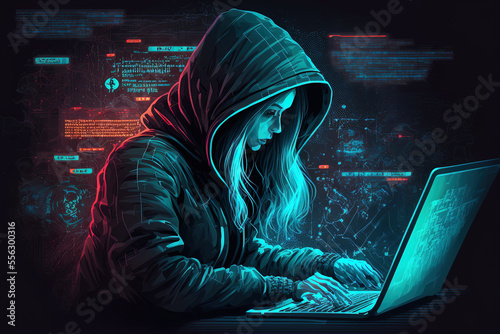 Using dangerous viruses, a female hacker stole bank information. Programmer using a powerful laptop at midnight to create malware for cyberattacks. Generative AI