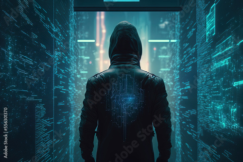 Back view of hacker in holographic business spy data theft and current technology concept in abstract interior with map. Generative AI
