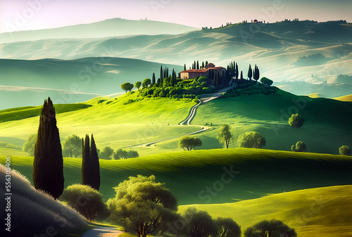 Tuscany landscape, house on the peak green hill, Italy scenery