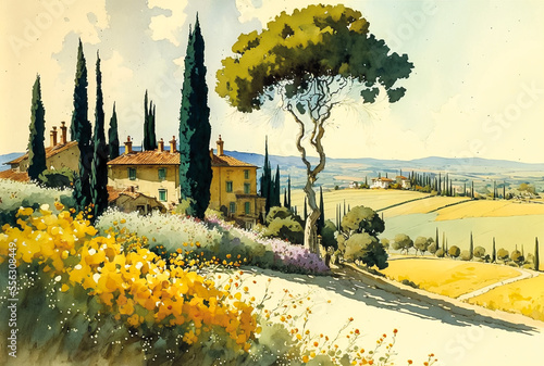 Panoramic view on sicilian hills, printable digital watercolor landscape, generative ai