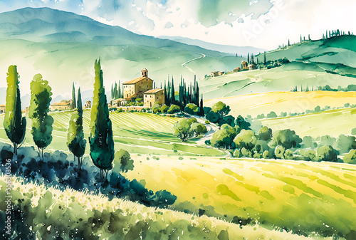 Tuscany scenery, italian village on green hill, printable digital watercolor art