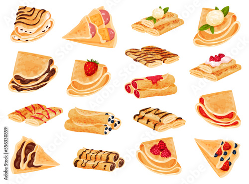 Pancakes with different stuffings set. Rolled crepes stuffed with strawberry, berry, raspberry, chocolate cartoon vector