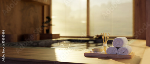 Spa accessories and copy space on Onsen bath in beautiful and relax indoor Japanese Onsen spa room.