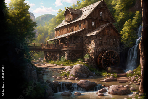 Generative AI : a vintage water-mill similar to the Glade Creek Gristmill during autumn 